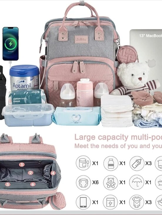 JOLLITO Quilted Baby Diaper Bag Backpack with Changing Station Pink main image 10